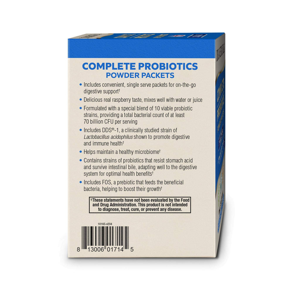 10-strain blend offers fast-acting 70B CFU delivery in a natural raspberry powder.