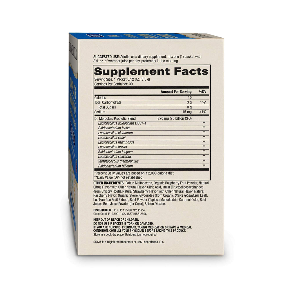 Dr. Mercola Complete Probiotics raspberry powder blends easily into water for daily use.