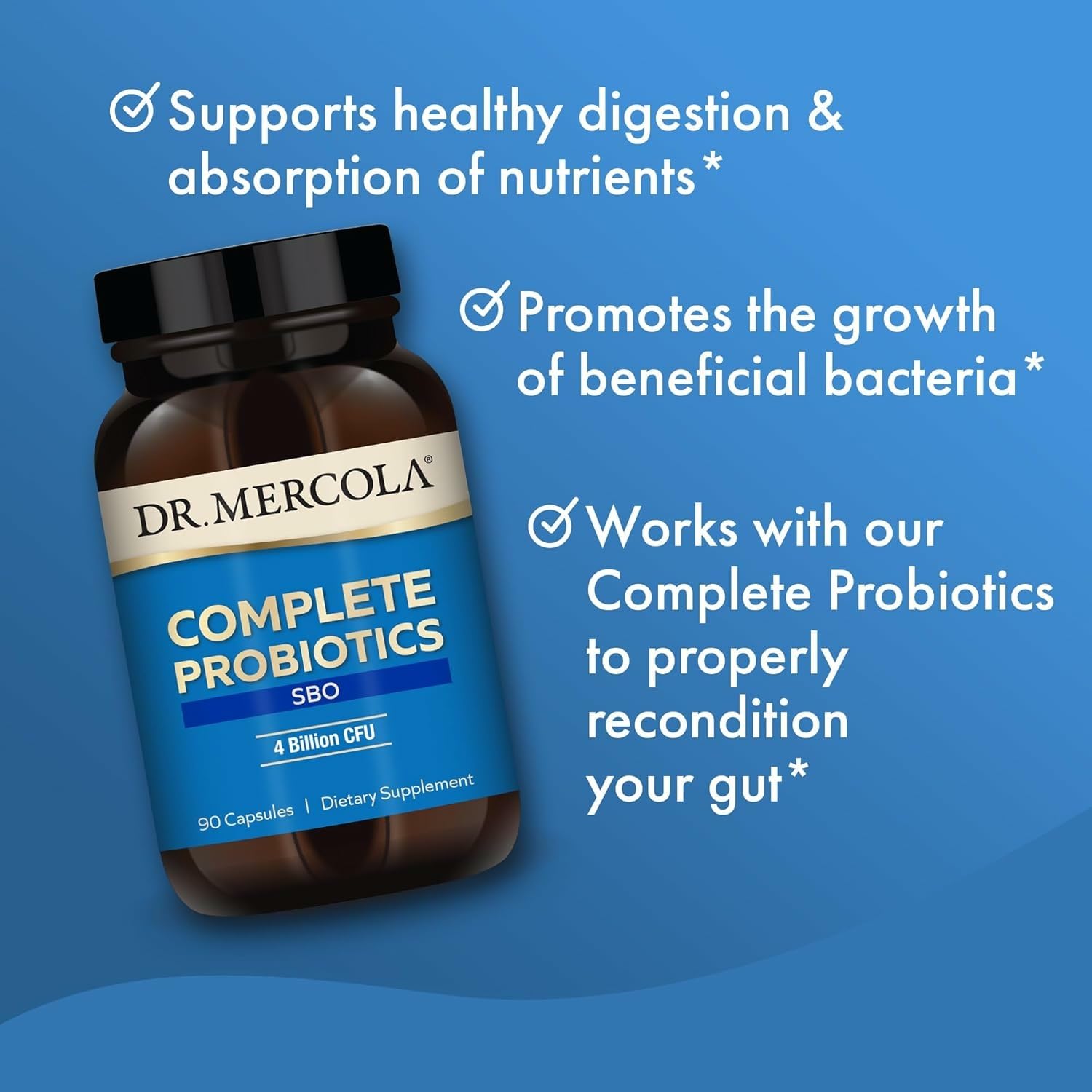 Dr. Mercola Complete Probiotics SBO prebiotic mushroom blend illustration shows nourishment for beneficial bacteria