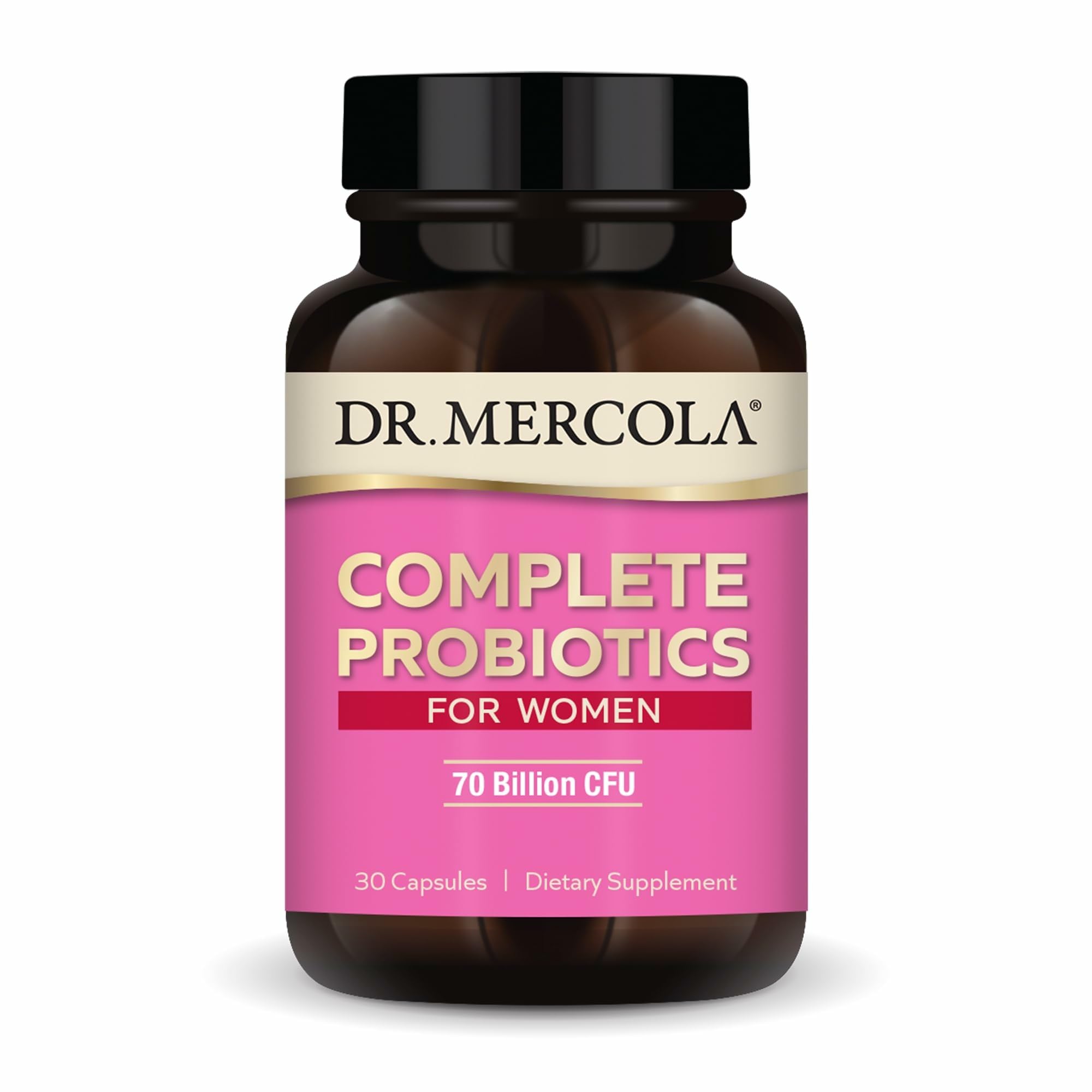 Dr. Mercola Complete Probiotics for Women bottle cap shows delayed-release capsules for stability.