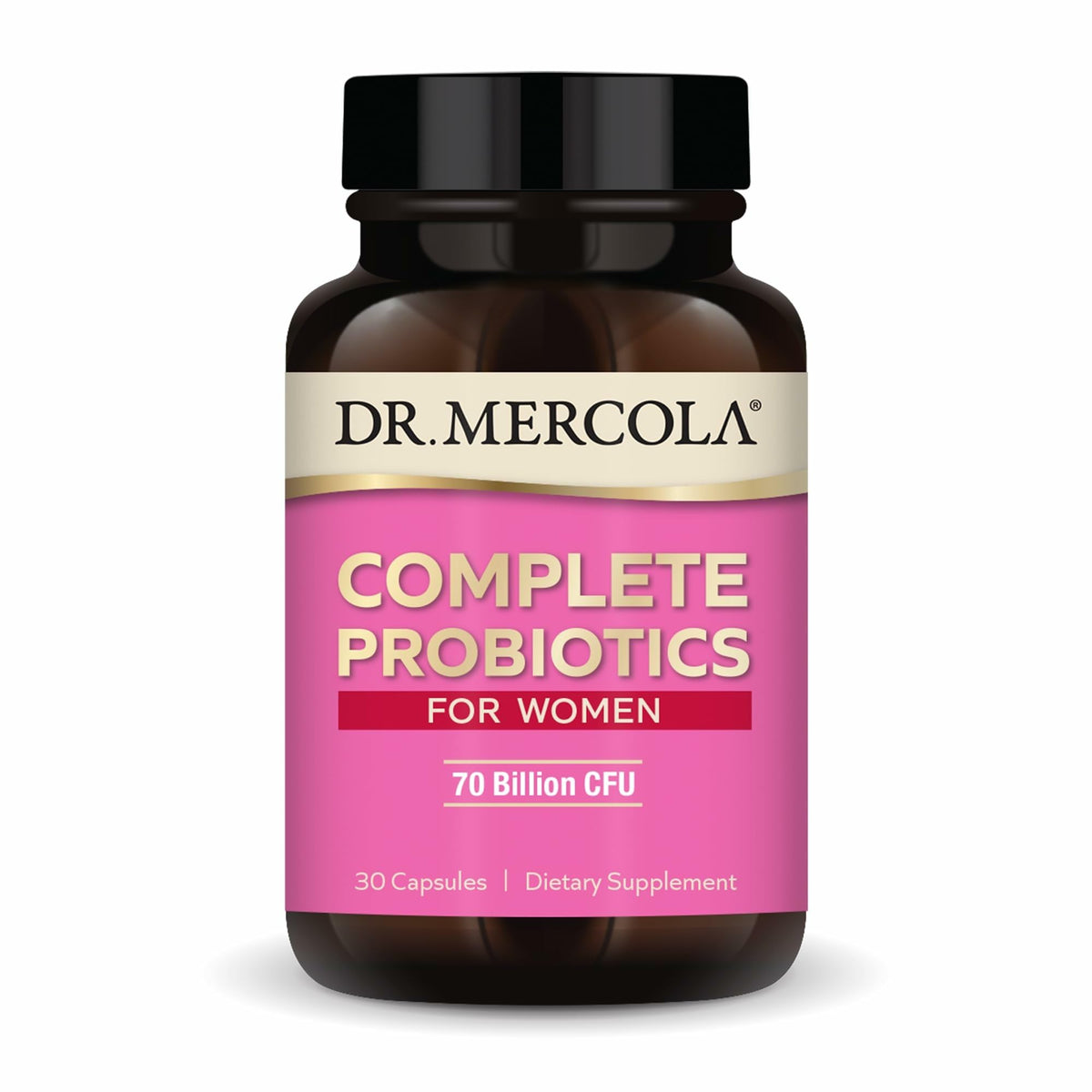 Dr. Mercola Complete Probiotics for Women bottle cap shows delayed-release capsules for stability.