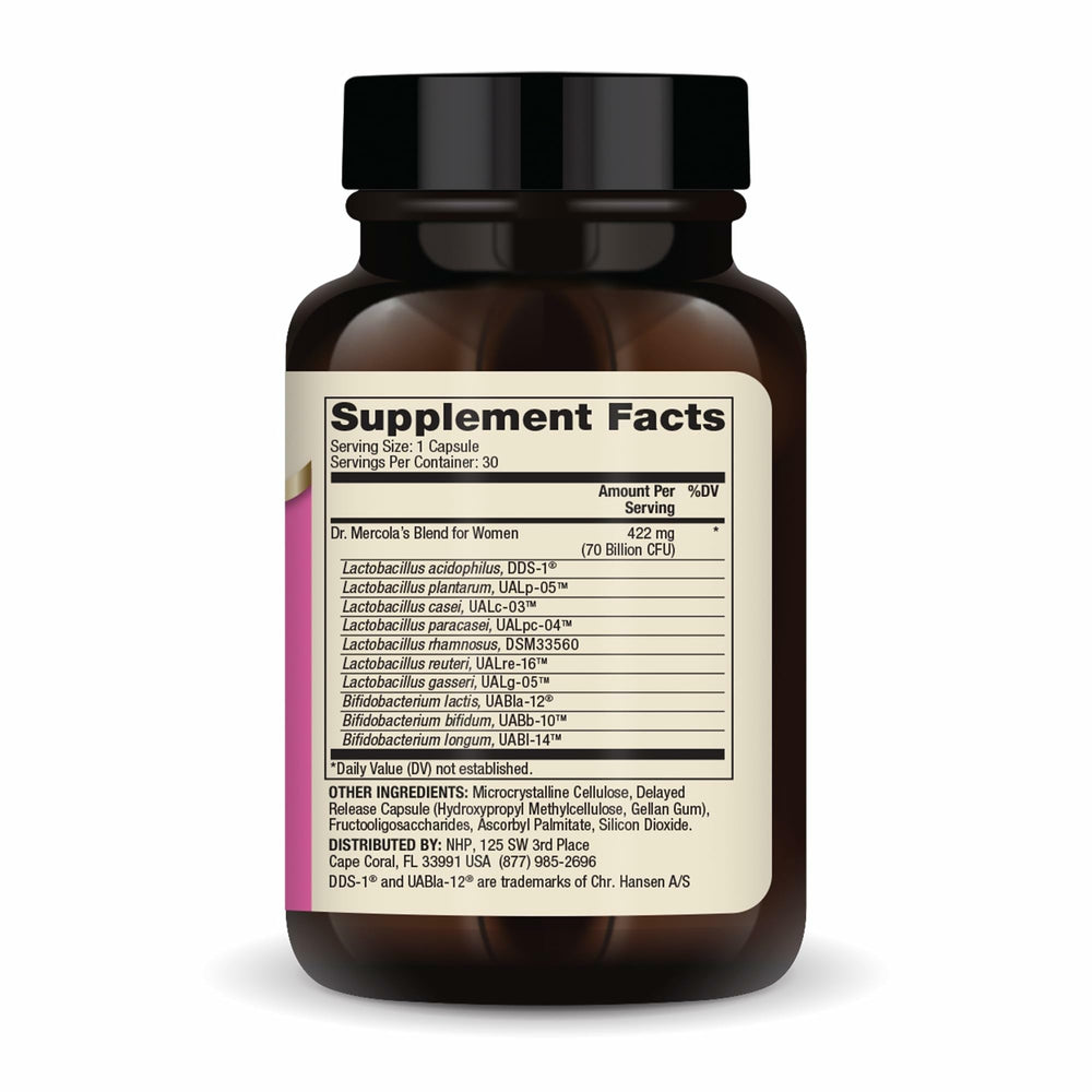 Capsules close-up from Dr. Mercola Complete Probiotics for Women highlighting high CFU count for daily digestive support.