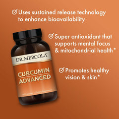 Dr. Mercola Curcumin Advanced bottle pour illustrates sustained-release capsules for easy dosing.