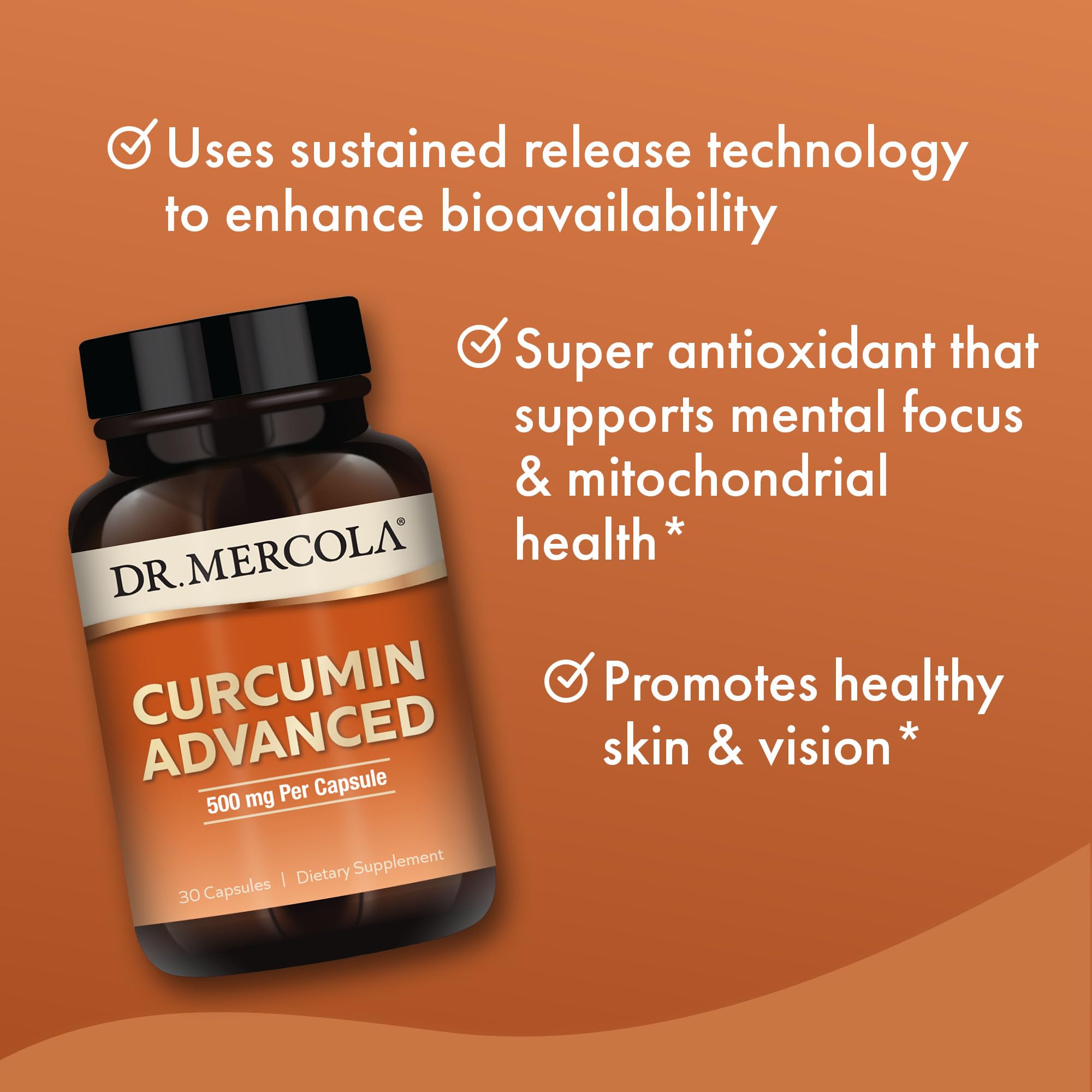 Dr. Mercola Curcumin Advanced label highlighting non-GMO, gluten-free, soy-free