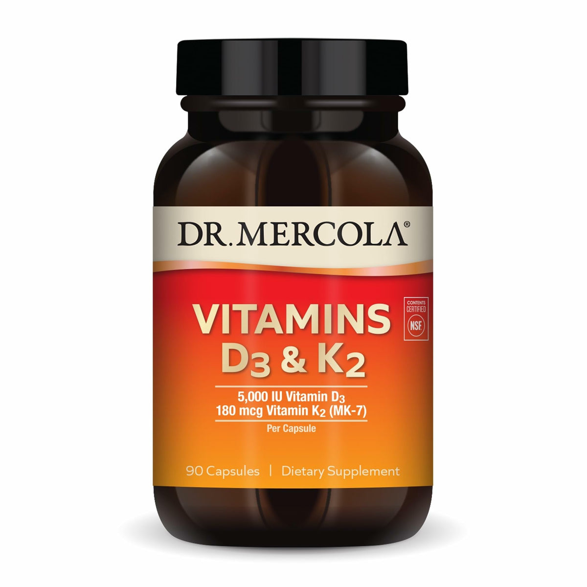 Dr. Mercola D3 K2 bottle with capsules for immune and heart support.