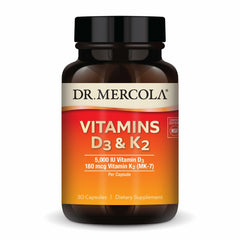 Dr. Mercola D3 & K2 bottle front highlights high-potency daily supplement.