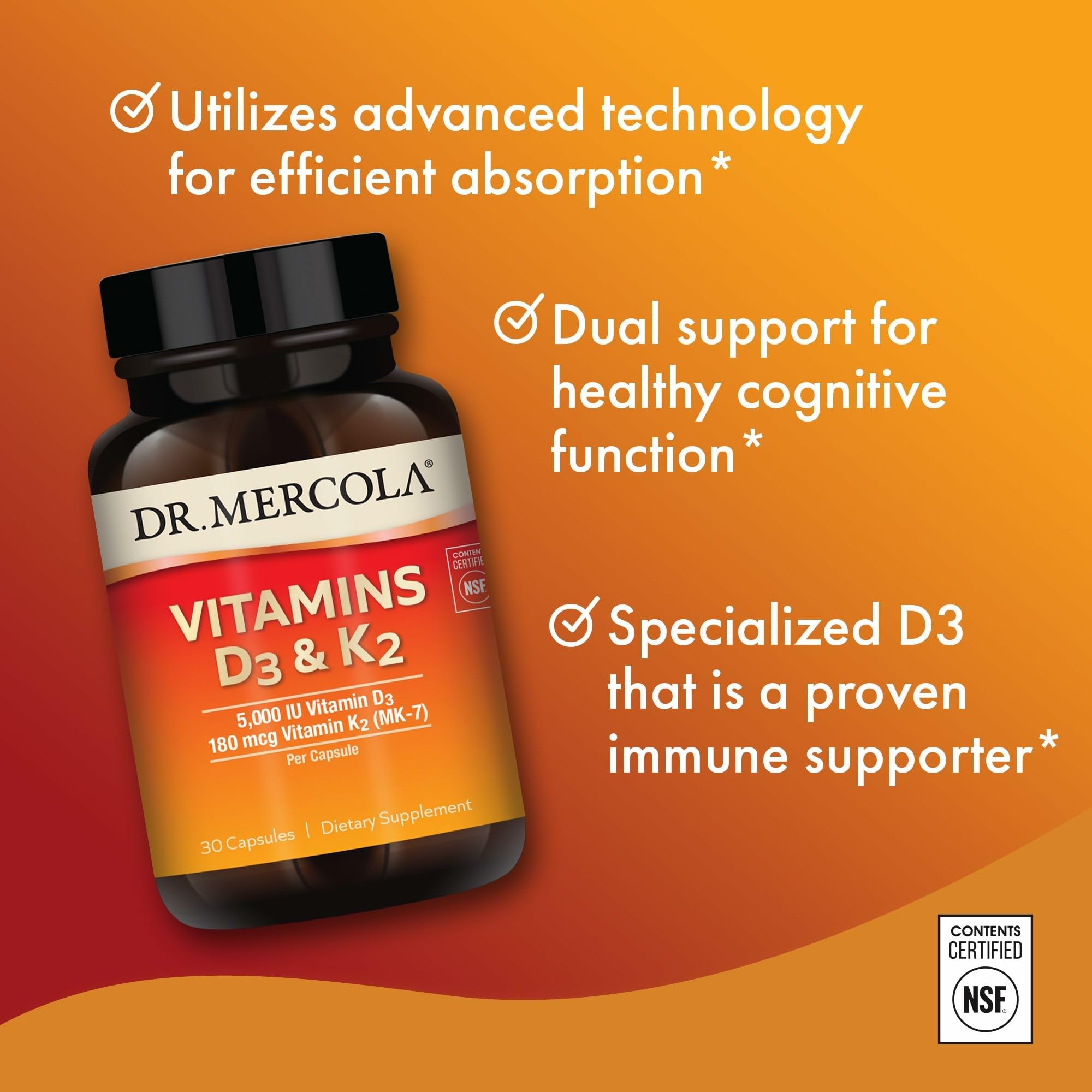 Dr. Mercola D3 & K2 label detail emphasizing premium features.