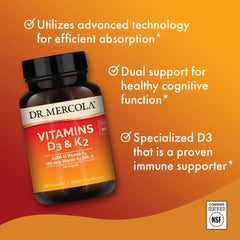 Dr. Mercola D3 & K2 label detail emphasizing premium features.