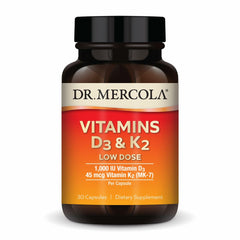 Dr. Mercola D3 K2 Low-Dose bottle with capsules for daily bone and immune support.