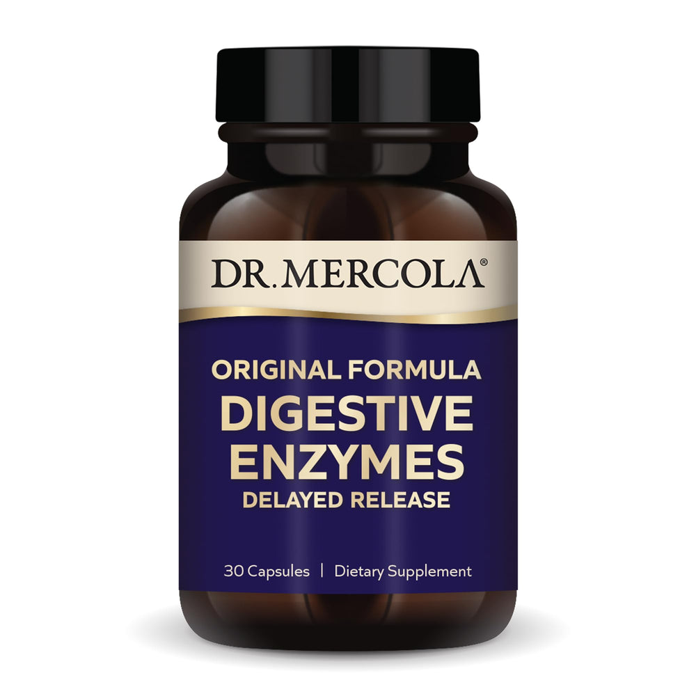 Dr. Mercola Digestive Enzymes Original bottle with delayed-release capsules for targeted digestion.