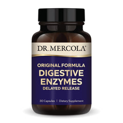 Dr. Mercola Digestive Enzymes Original bottle with delayed-release capsules for targeted digestion.