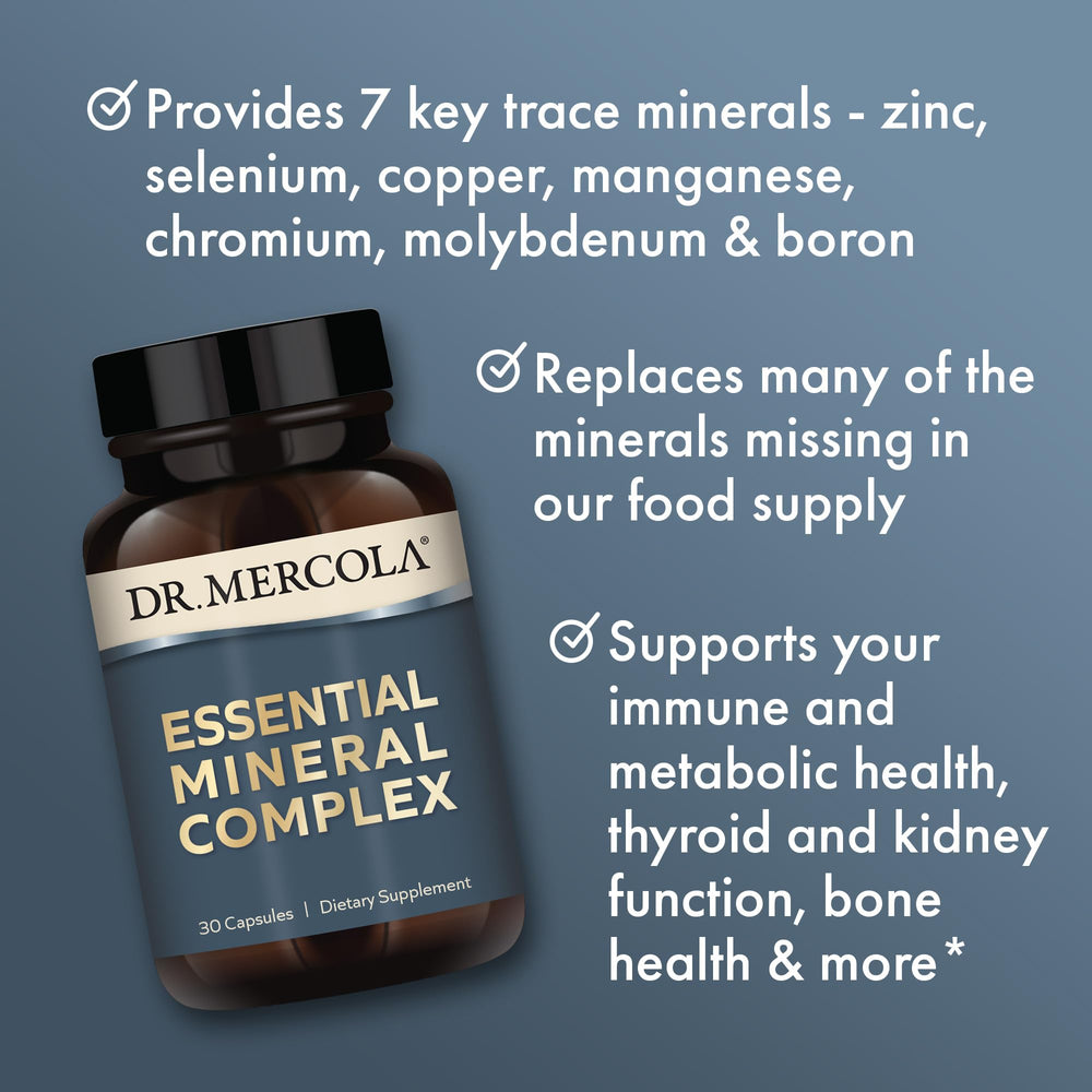 Dr. Mercola Essential Mineral Complex nutrition panel shows non-GMO attributes