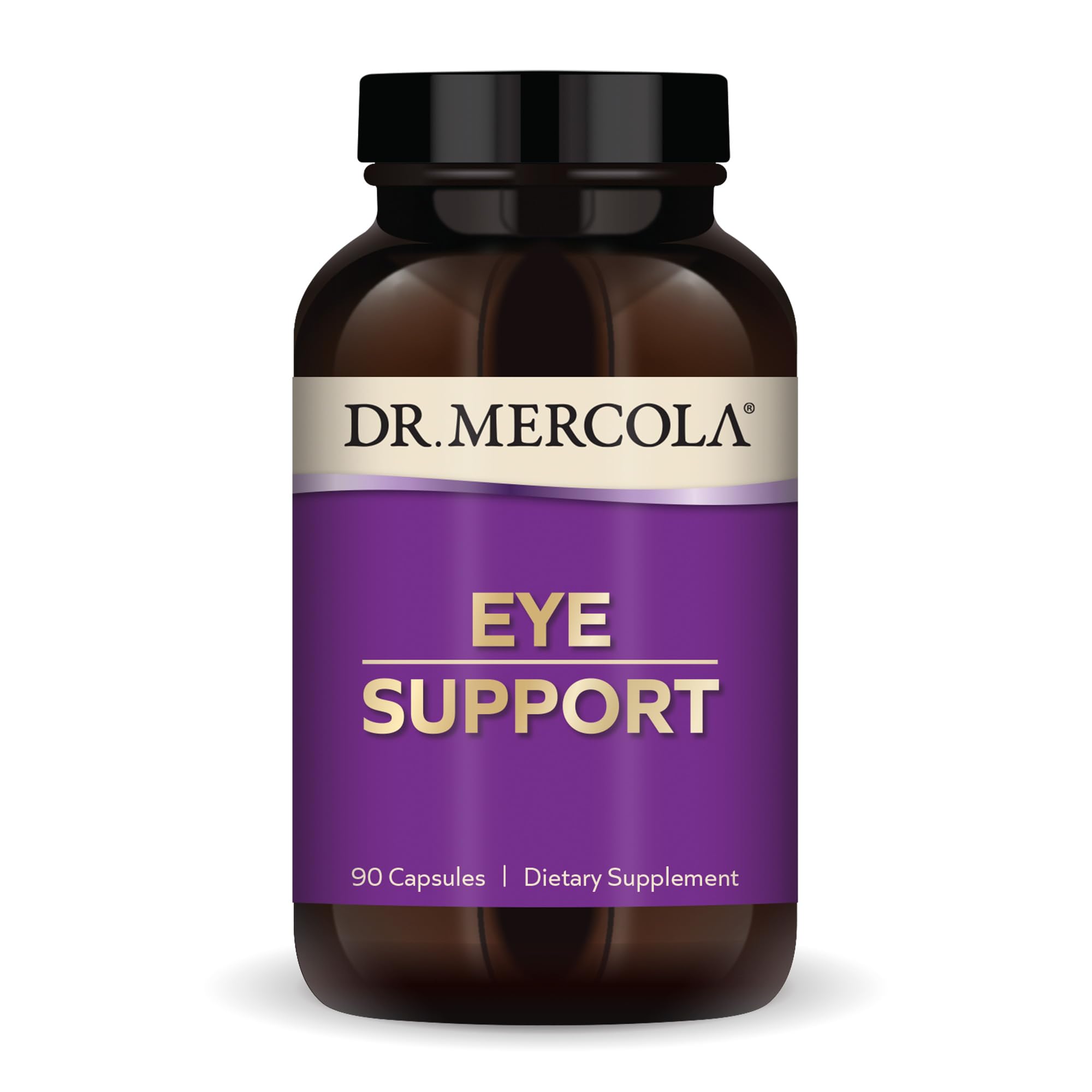 Dr. Mercola Eye Support bottle front promotes daily eye health as a trusted supplement.