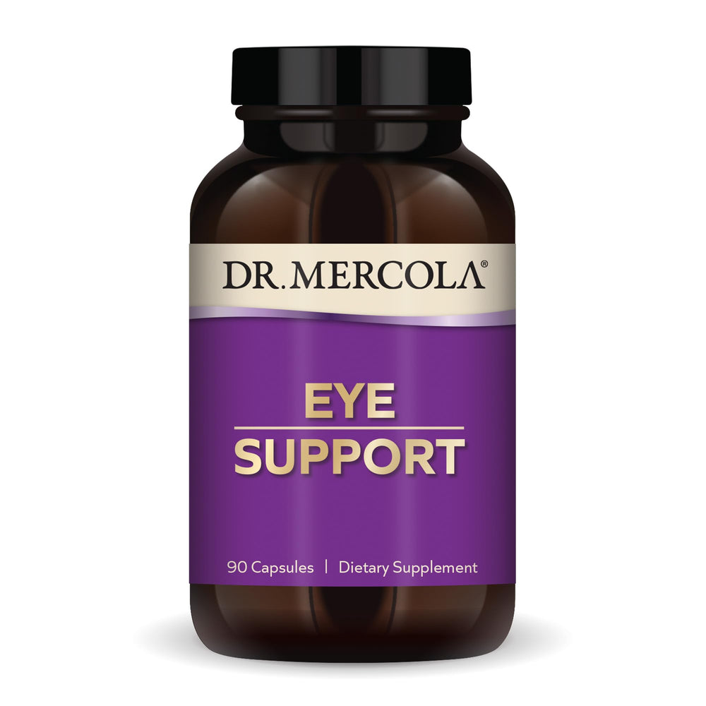 Dr. Mercola Eye Support bottle front promotes daily eye health as a trusted supplement.