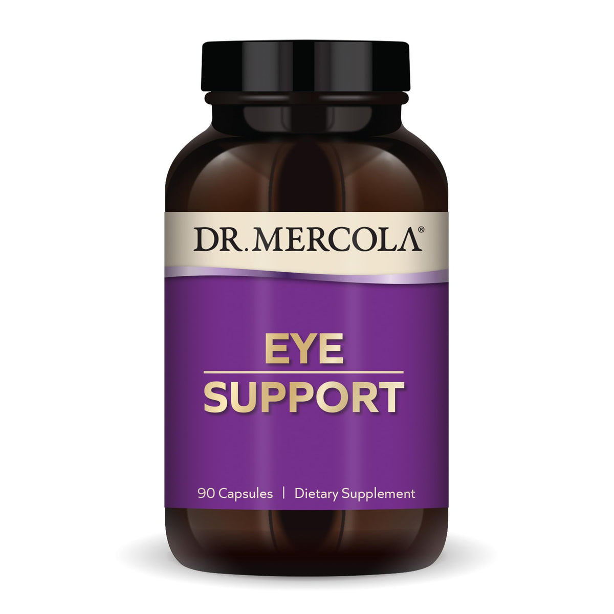 Dr. Mercola Eye Support bottle front promotes daily eye health as a trusted supplement.