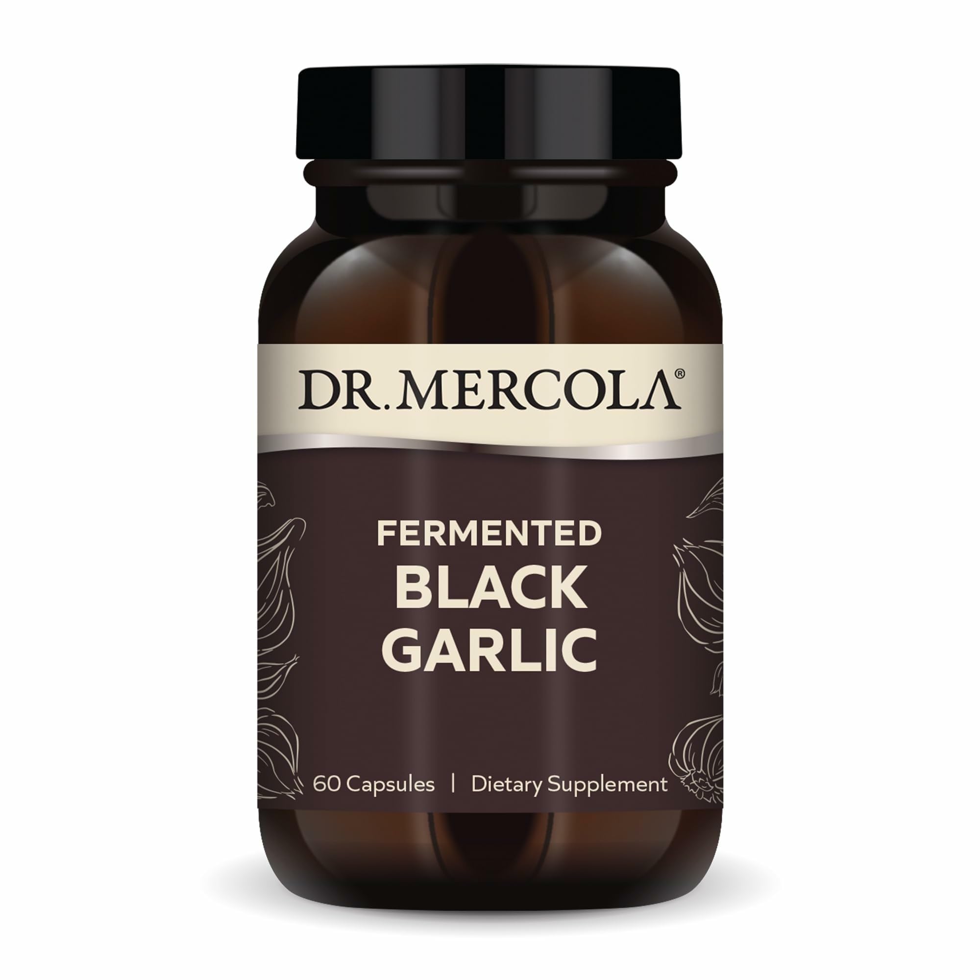 Dr. Mercola Fermented Black Garlic bottle front shows the product name and capsule form