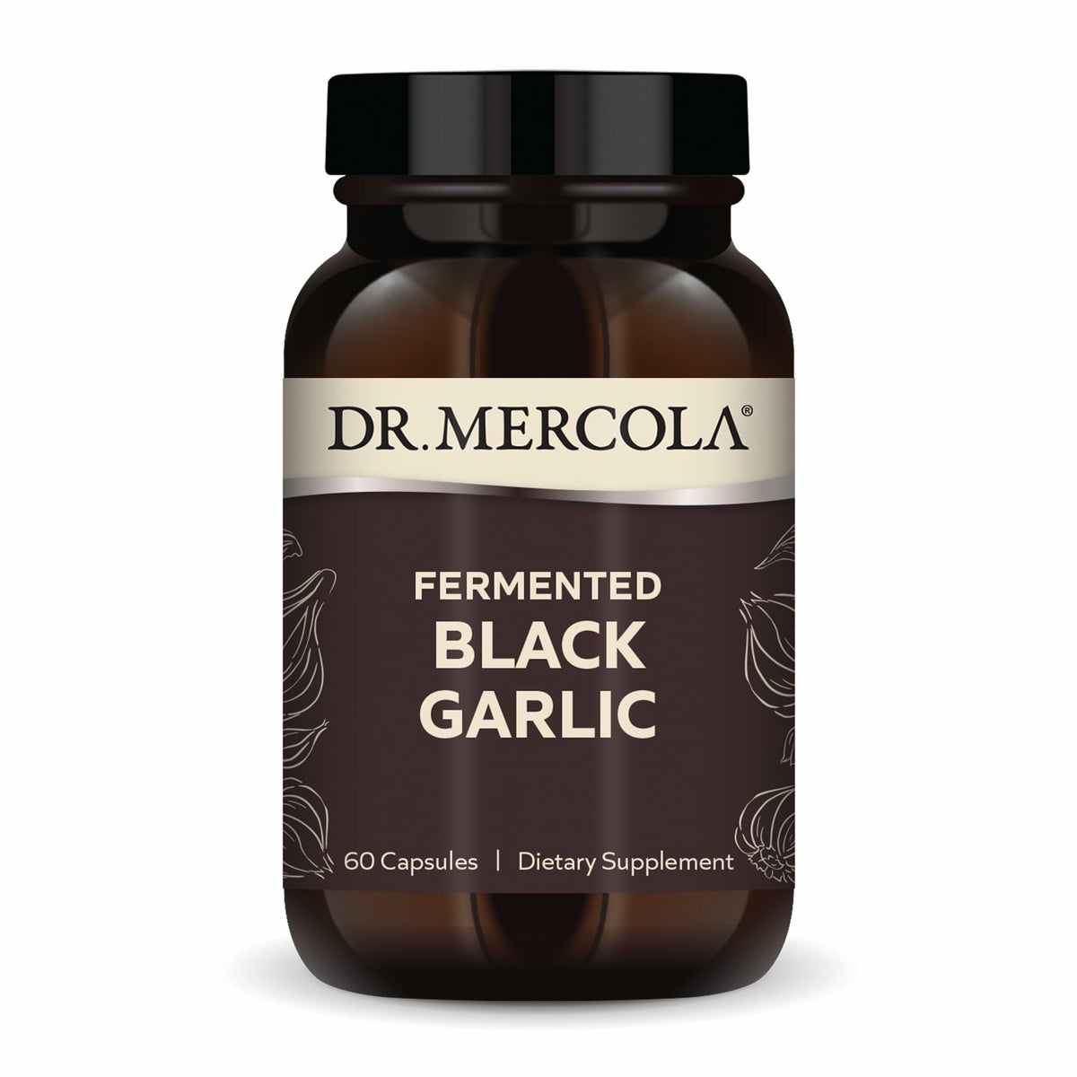 Dr. Mercola Fermented Black Garlic bottle front shows the product name and capsule form