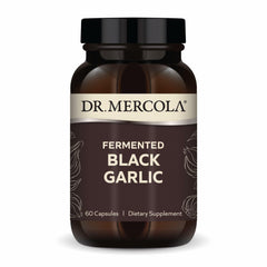 Dr. Mercola Fermented Black Garlic bottle front shows the product name and capsule form