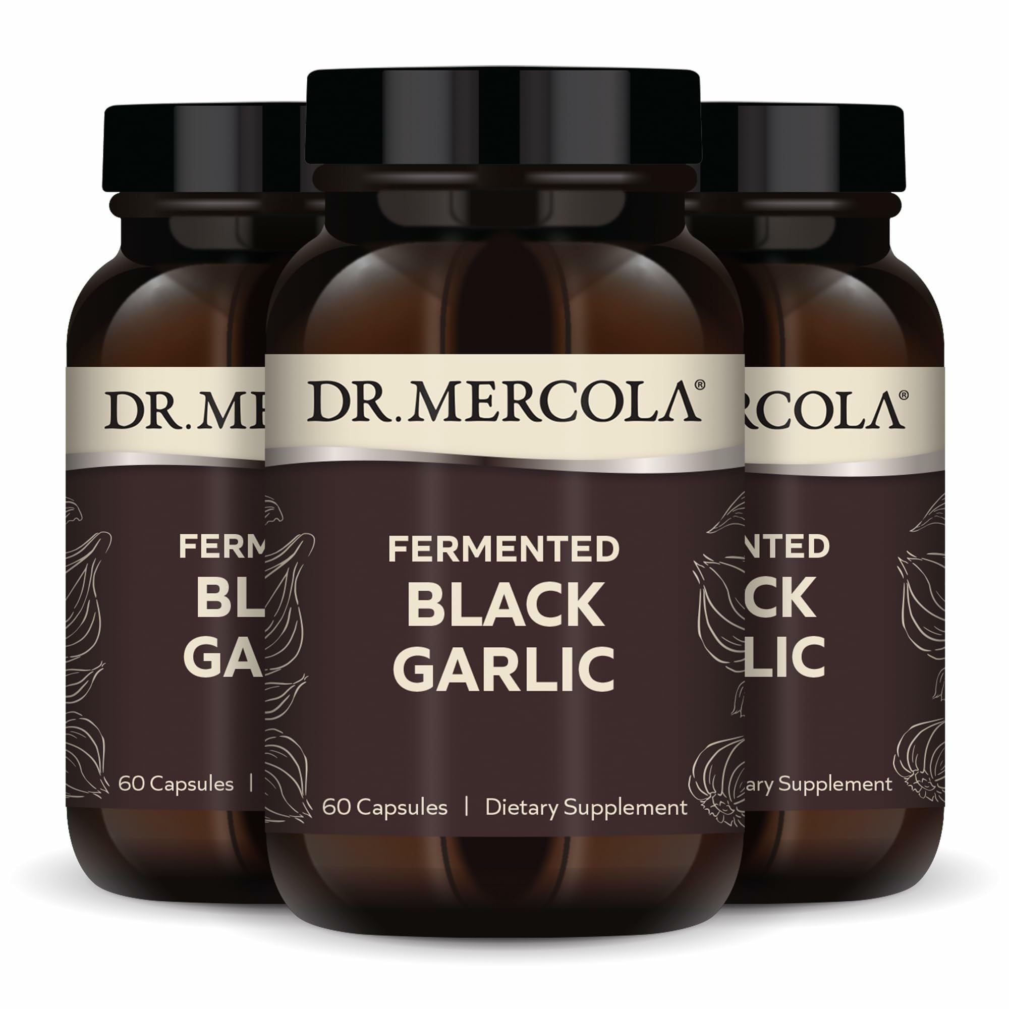 Dr. Mercola Fermented Black Garlic bottle with capsules for potential immune support