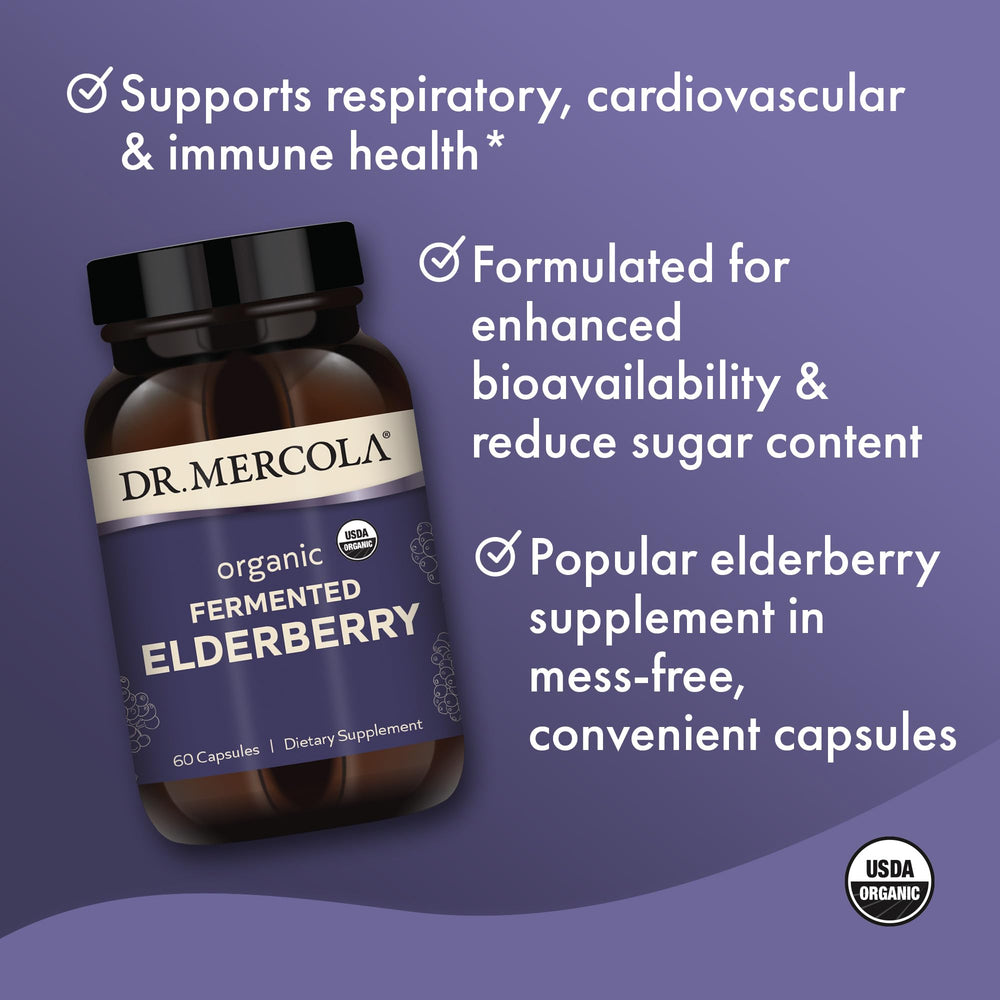 Dr. Mercola Fermented Elderberry bottle pouring capsules for convenient dosing.