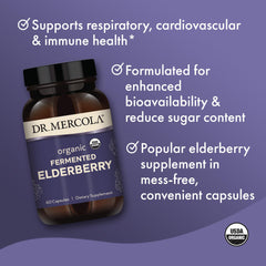 Dr. Mercola Fermented Elderberry bottle pouring capsules for convenient dosing.