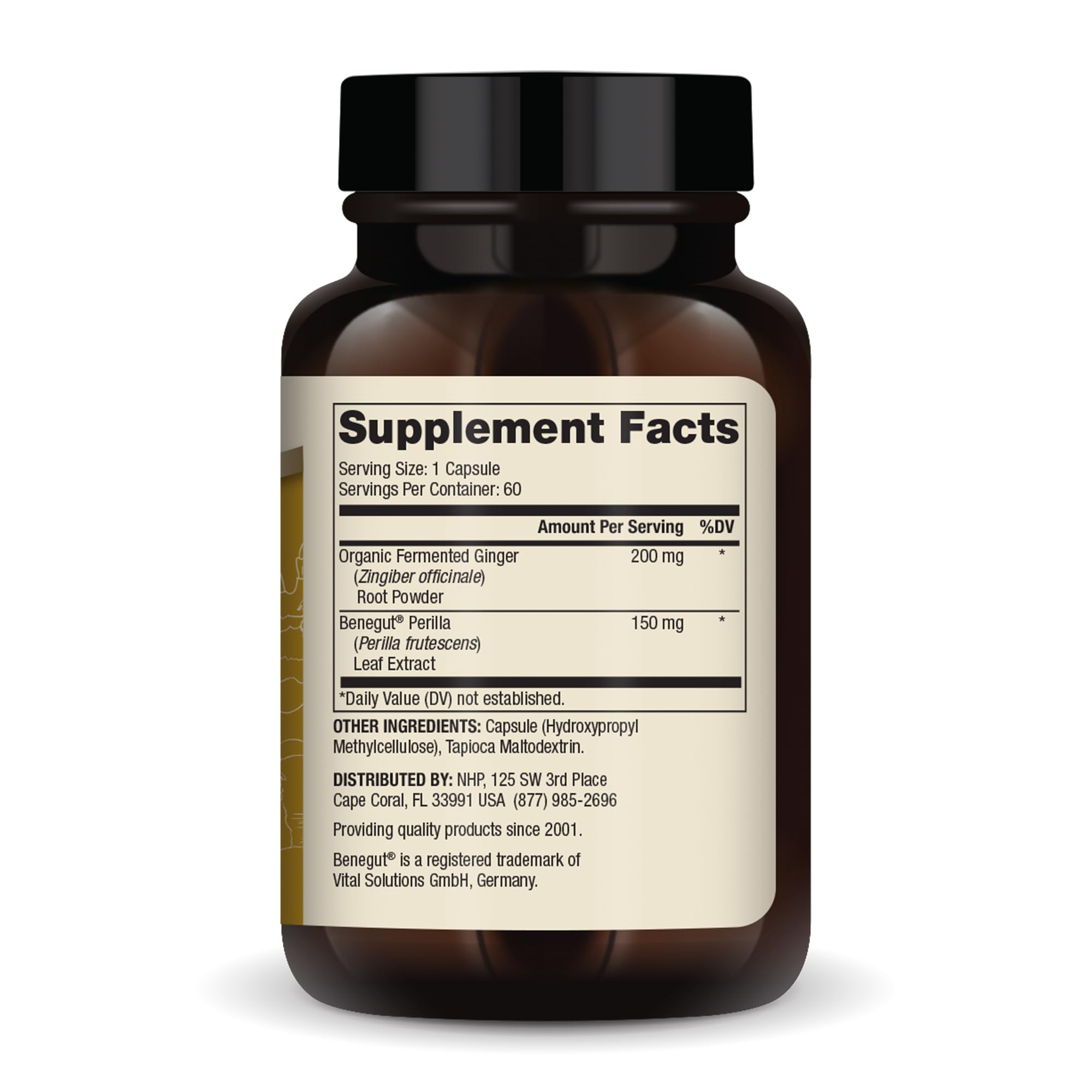 Close-up of Dr. Mercola Fermented Ginger with Benegut label highlighting key features.
