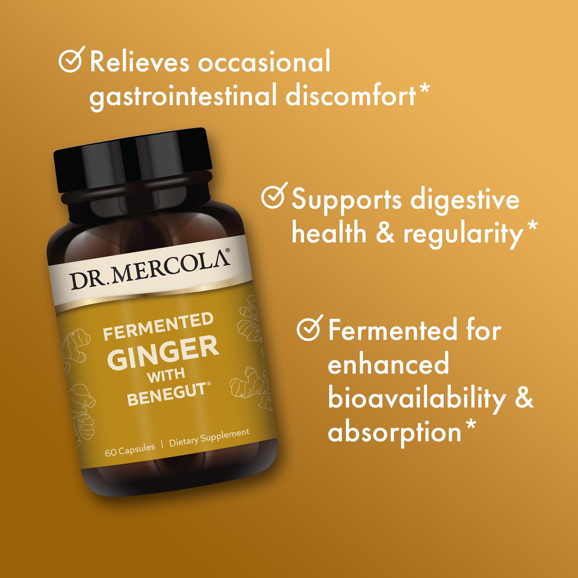 Dr. Mercola Fermented Ginger with Benegut capsules featuring perilla leaf extract.