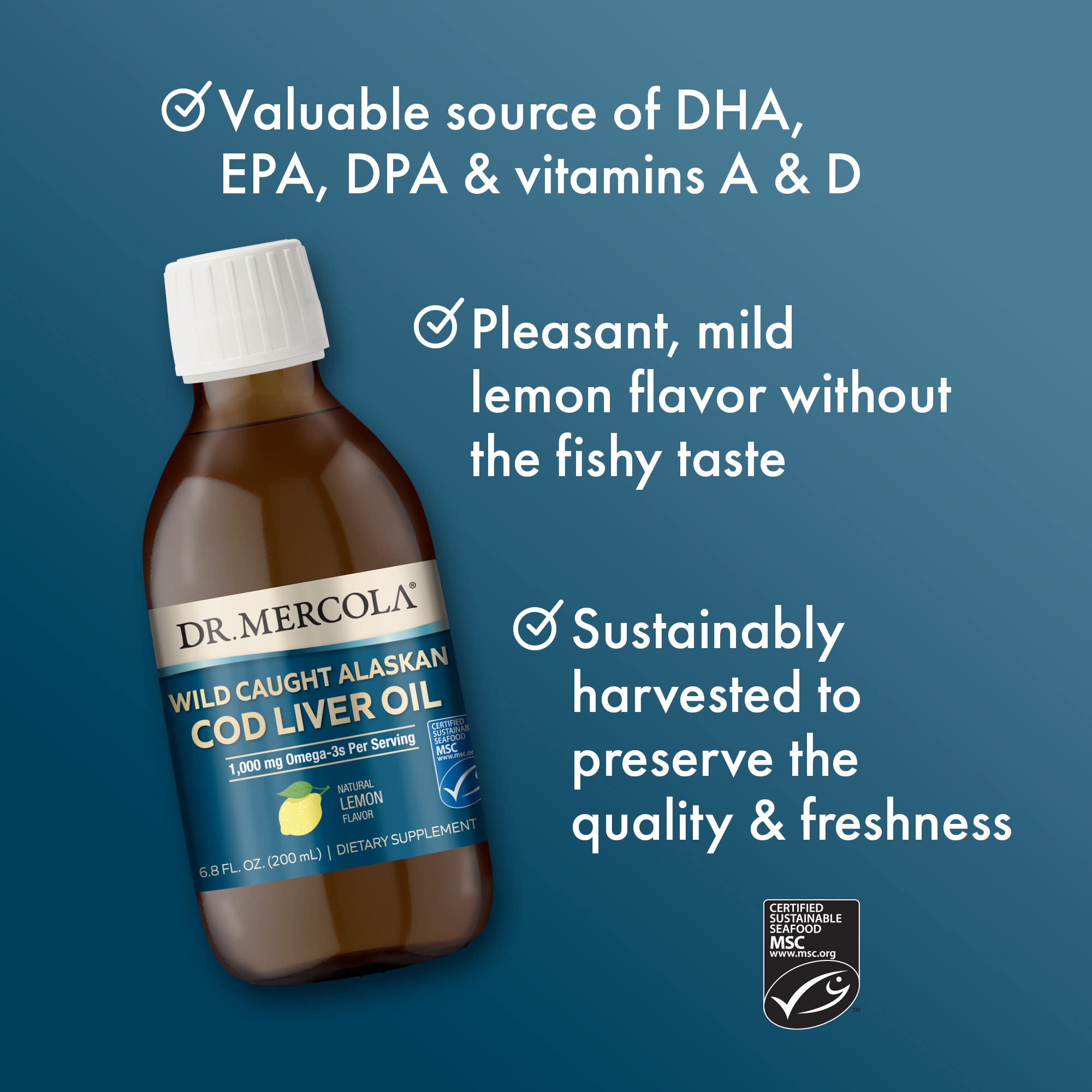 Dr. Mercola cod liver oil bottle with fresh processing and reduced odor