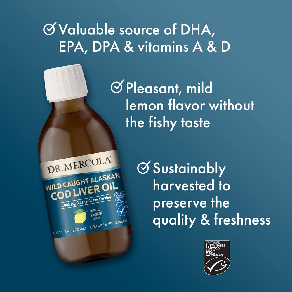 Dr. Mercola cod liver oil bottle with fresh processing and reduced odor