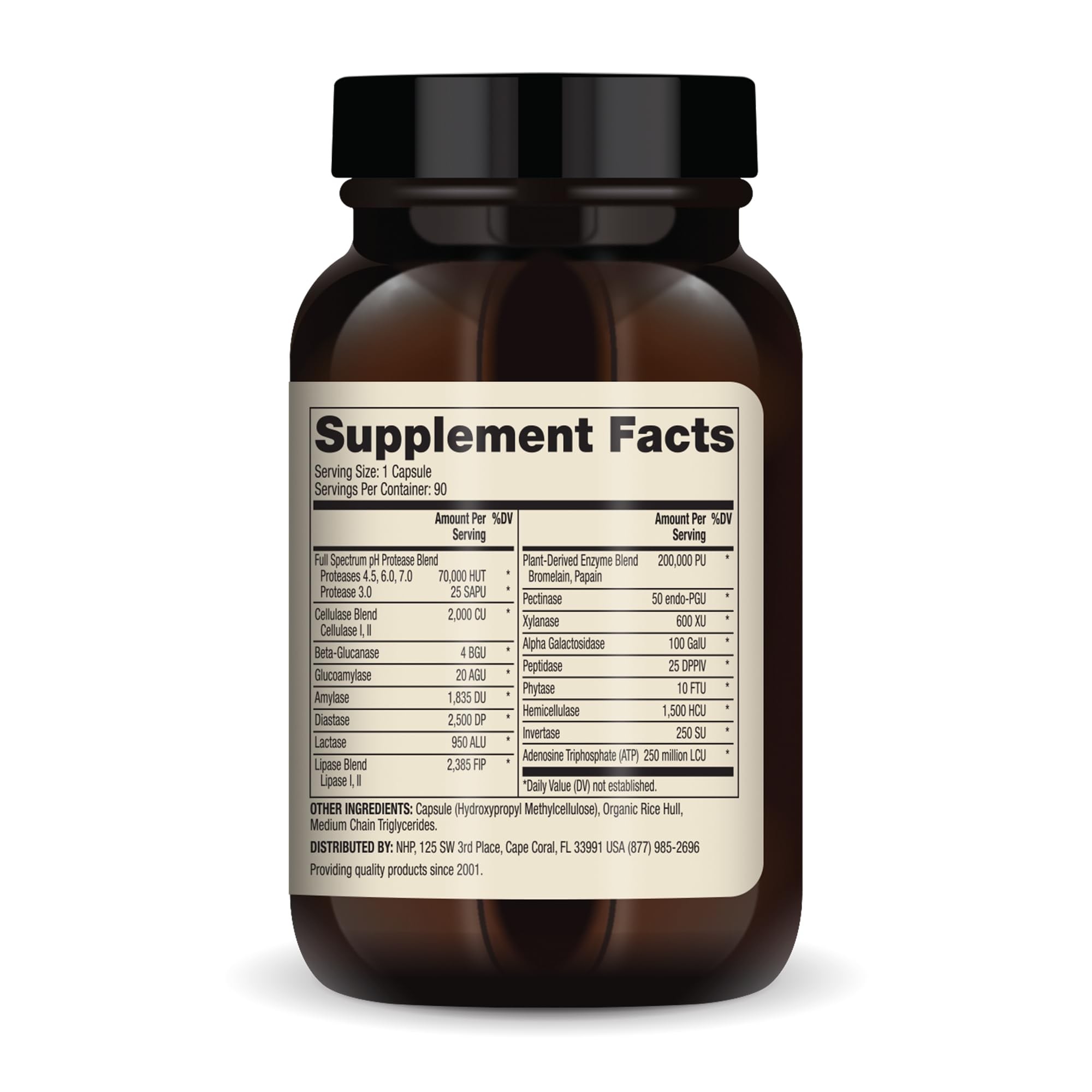 Dr. Mercola Full Spectrum Enzymes bottle back label – notes non-GMO, gluten-free, soy-free