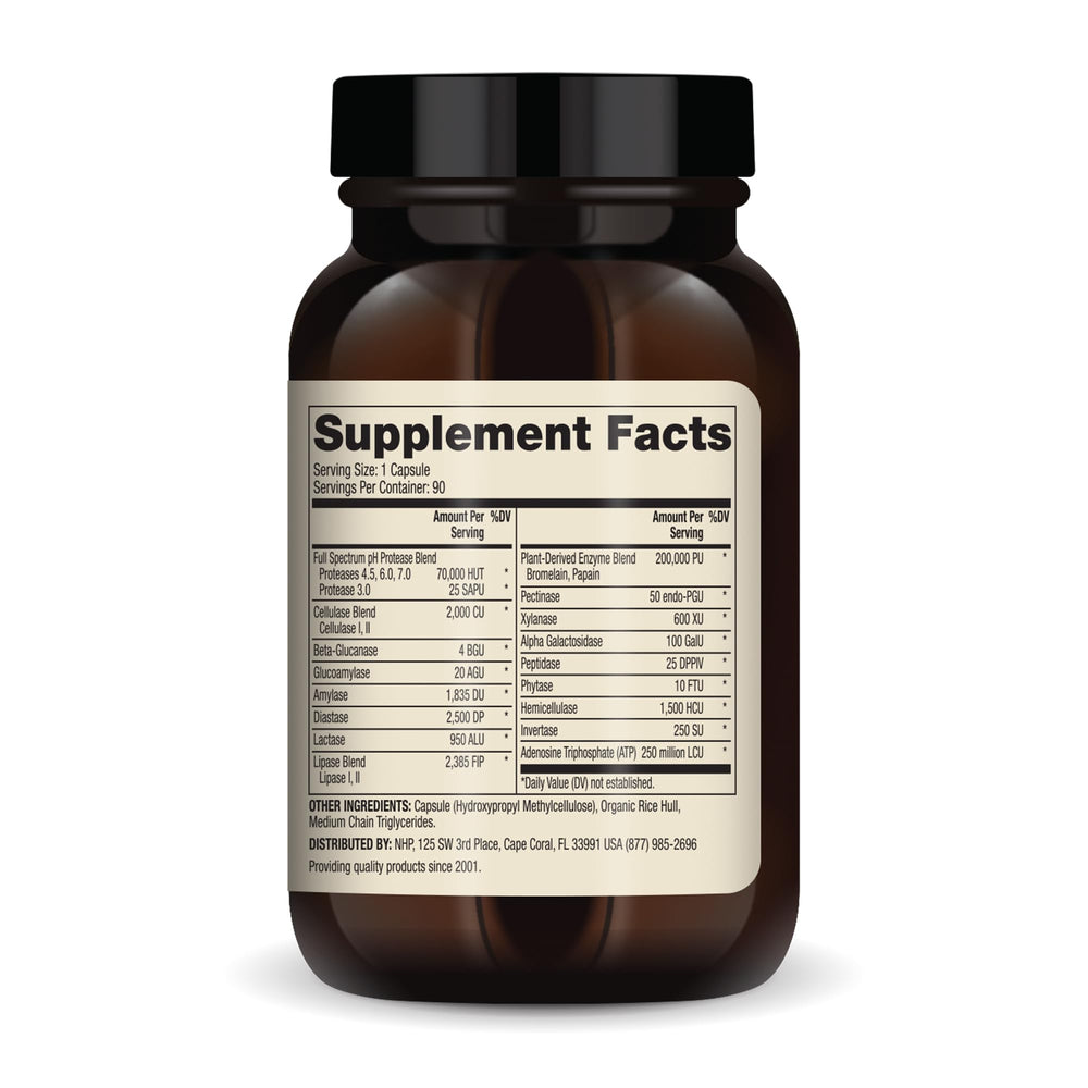 Dr. Mercola Full Spectrum Enzymes bottle back label – notes non-GMO, gluten-free, soy-free