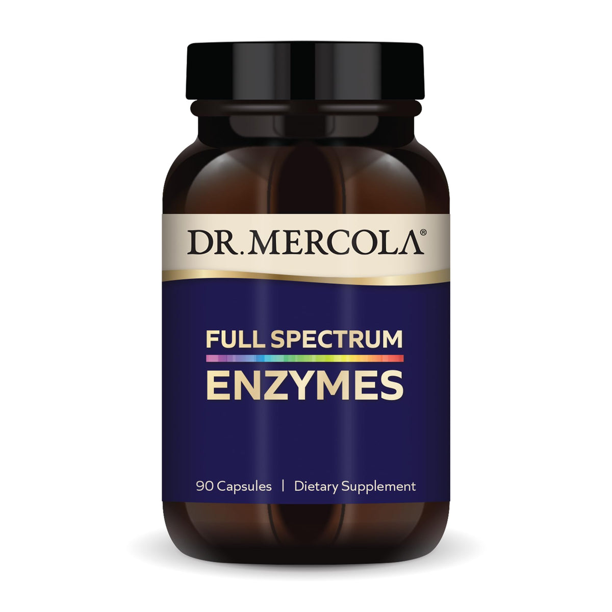 Dr. Mercola Full Spectrum Enzymes bottle front – packaging signals digestive support