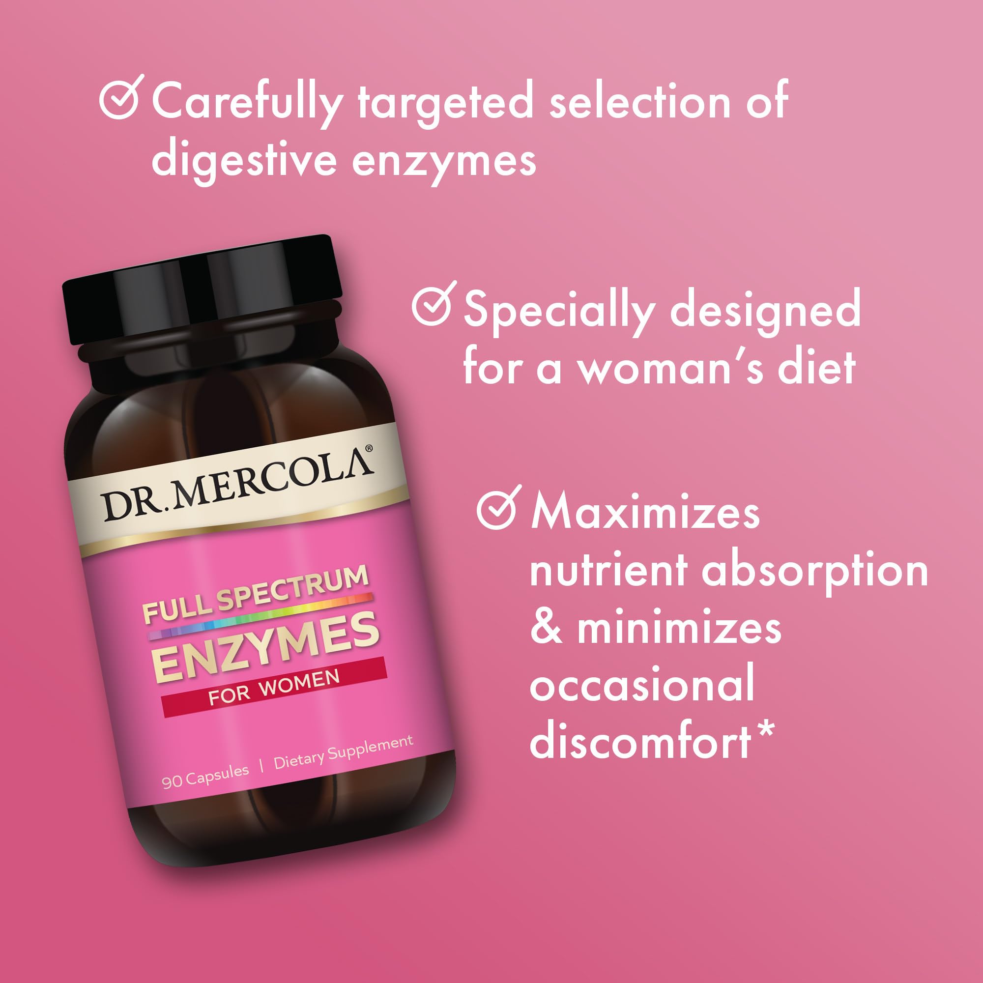 Product badge for Dr. Mercola Full Spectrum Enzymes for Women indicating non-GMO and allergen-friendly features.