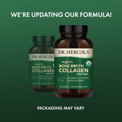 Dr. Mercola Grass-fed beef bone broth concentrate ingredients shown in natural packaging.