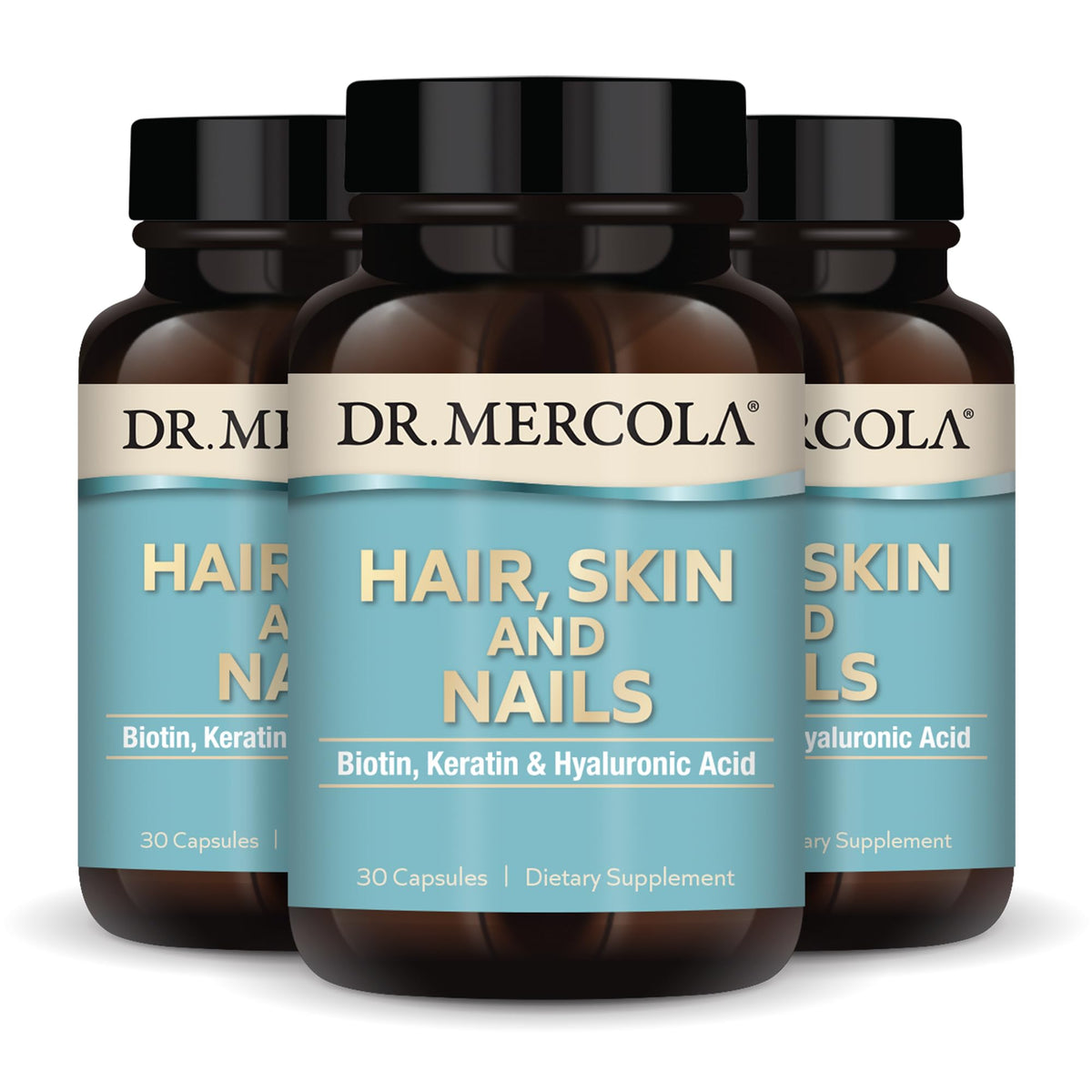 Dr. Mercola Hair, Skin and Nails bottle front view, biotin-keratin-hyaluronic blend for healthy aging