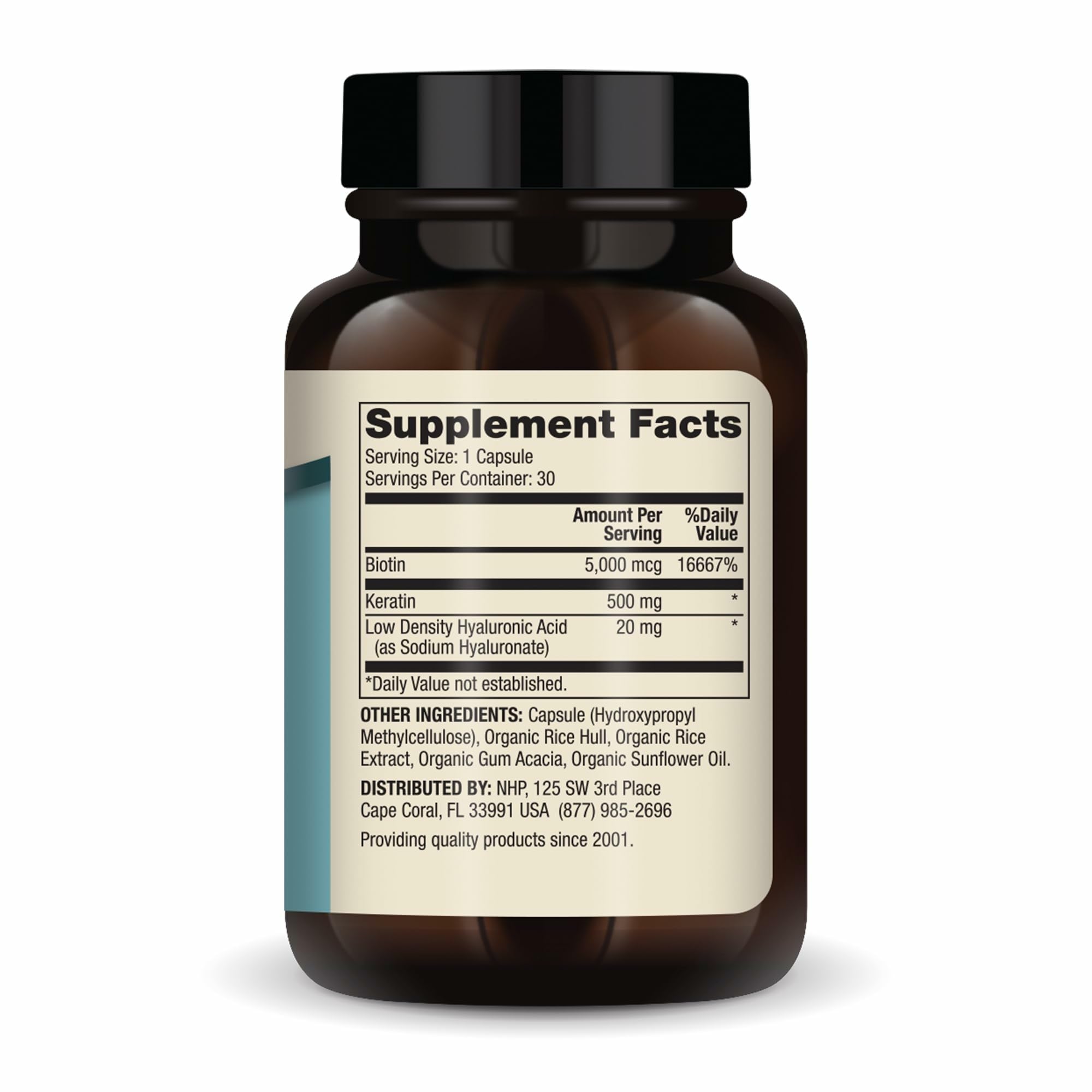 Dr. Mercola capsules closeup showing biotin, keratin and hyaluronic acid