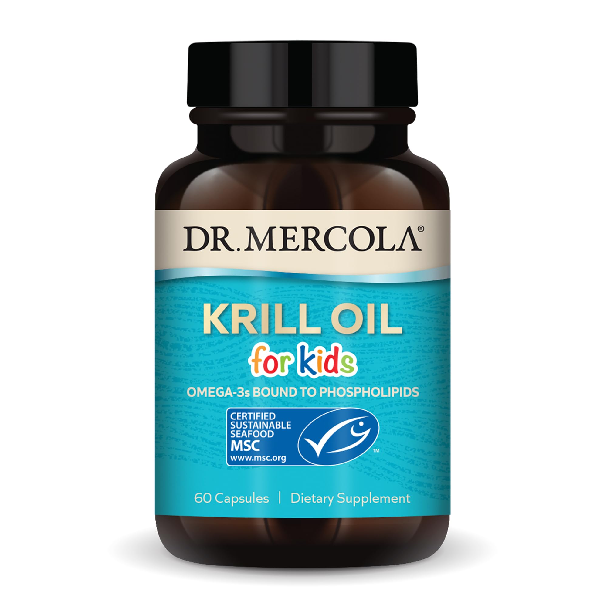 Dr. Mercola Krill Oil for Kids bottle showing 60 capsules for balanced omega-3 intake