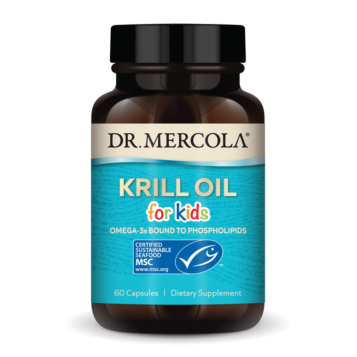 Dr. Mercola Krill Oil for Kids bottle showing 60 capsules for balanced omega-3 intake