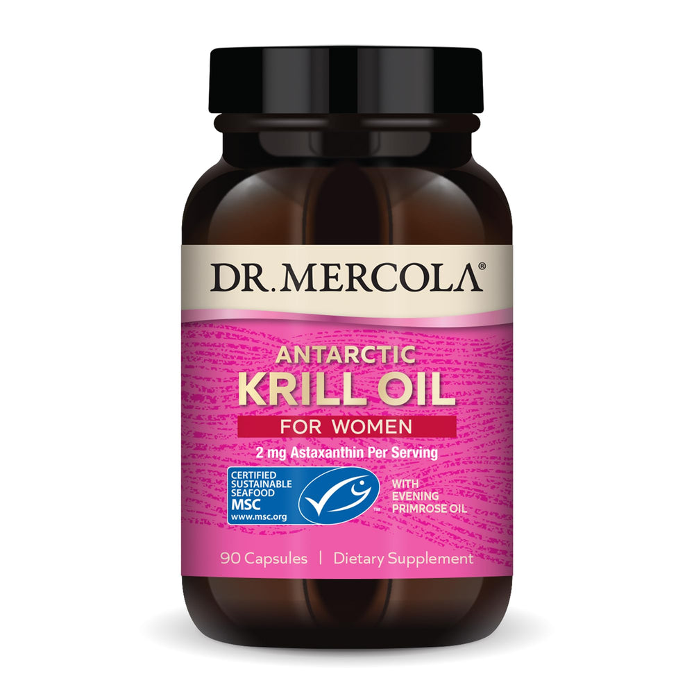 Dr. Mercola Krill Oil for Women bottle front highlighting omega-3 support for brain and skin