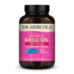 Dr. Mercola Krill Oil for Women bottle highlighting omega-3 benefits for brain and skin