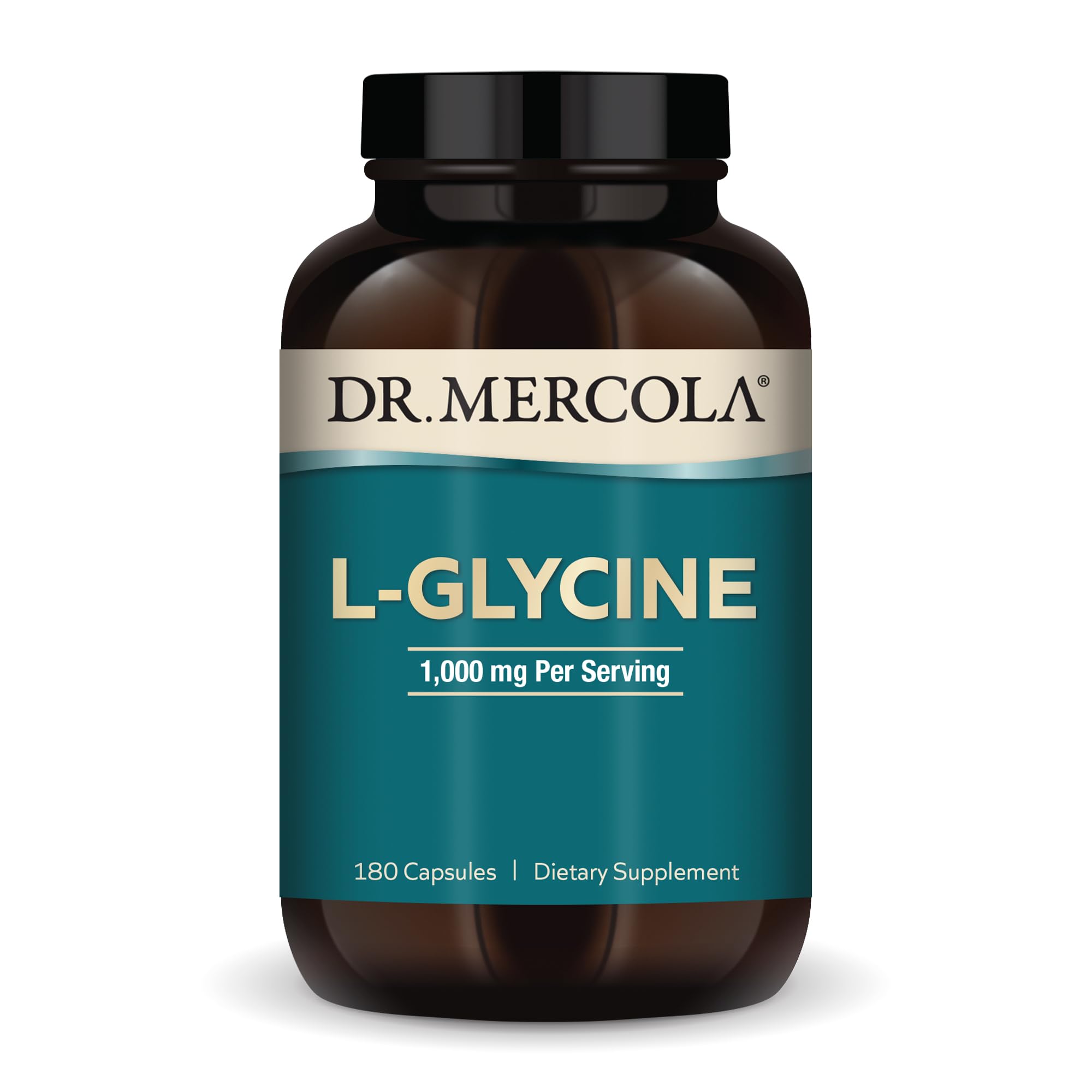 Dr. Mercola L-Glycine bottle closeup highlights antioxidant-friendly supplement for daily wellness