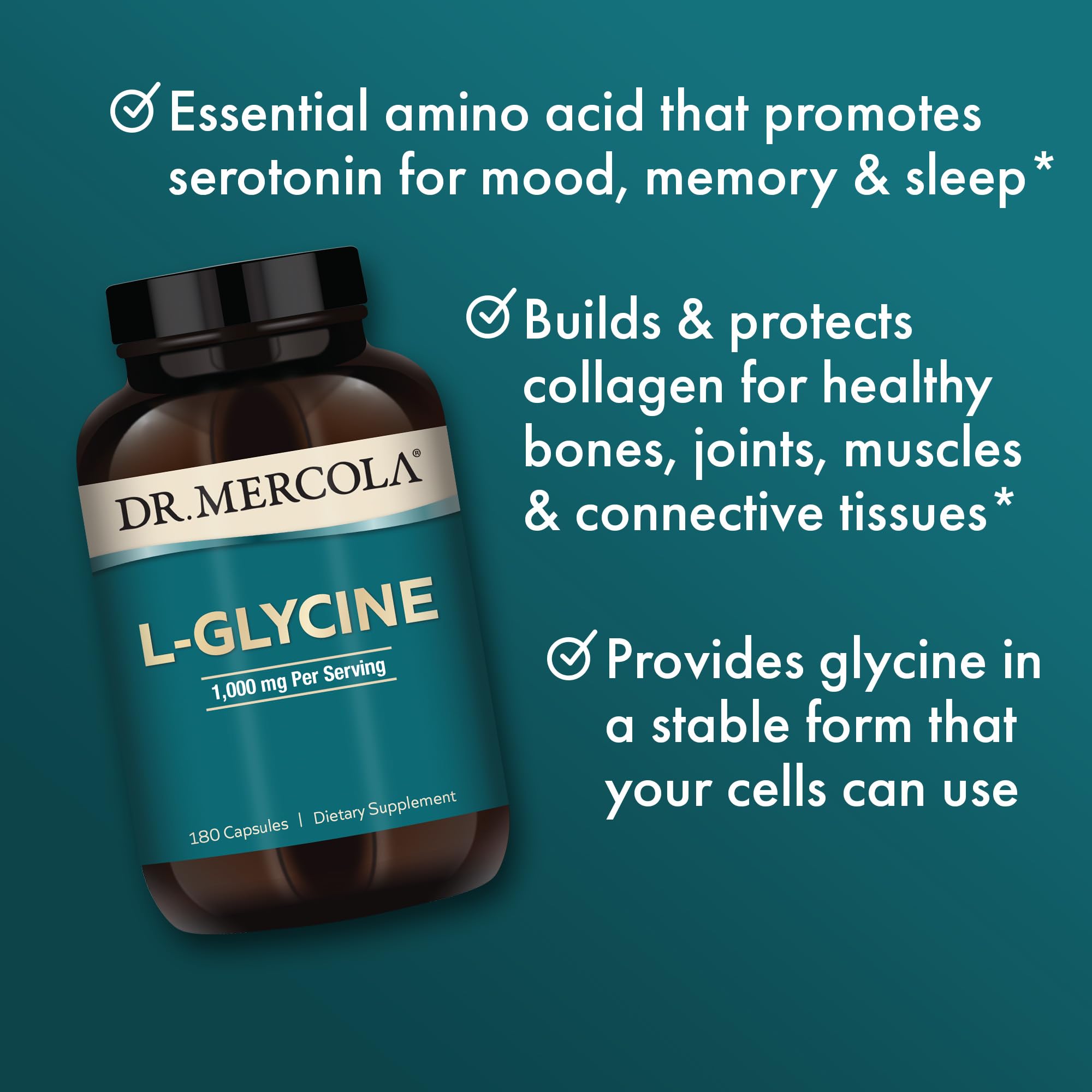 Dr. Mercola L-Glycine bottle on nightstand suggests calming evening routine