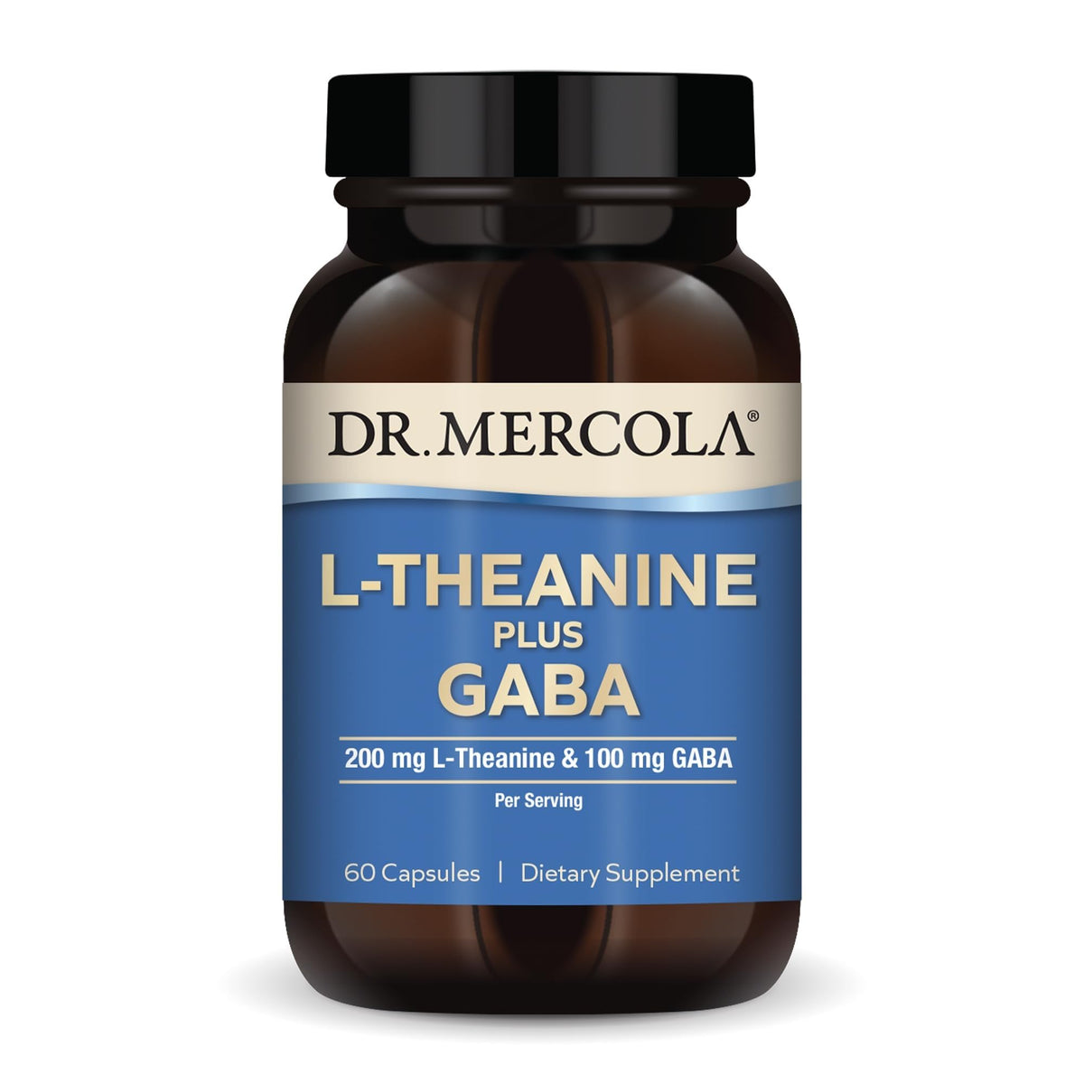 Dr Mercola L-Theanine Plus Capsules bottle front for calm focus support
