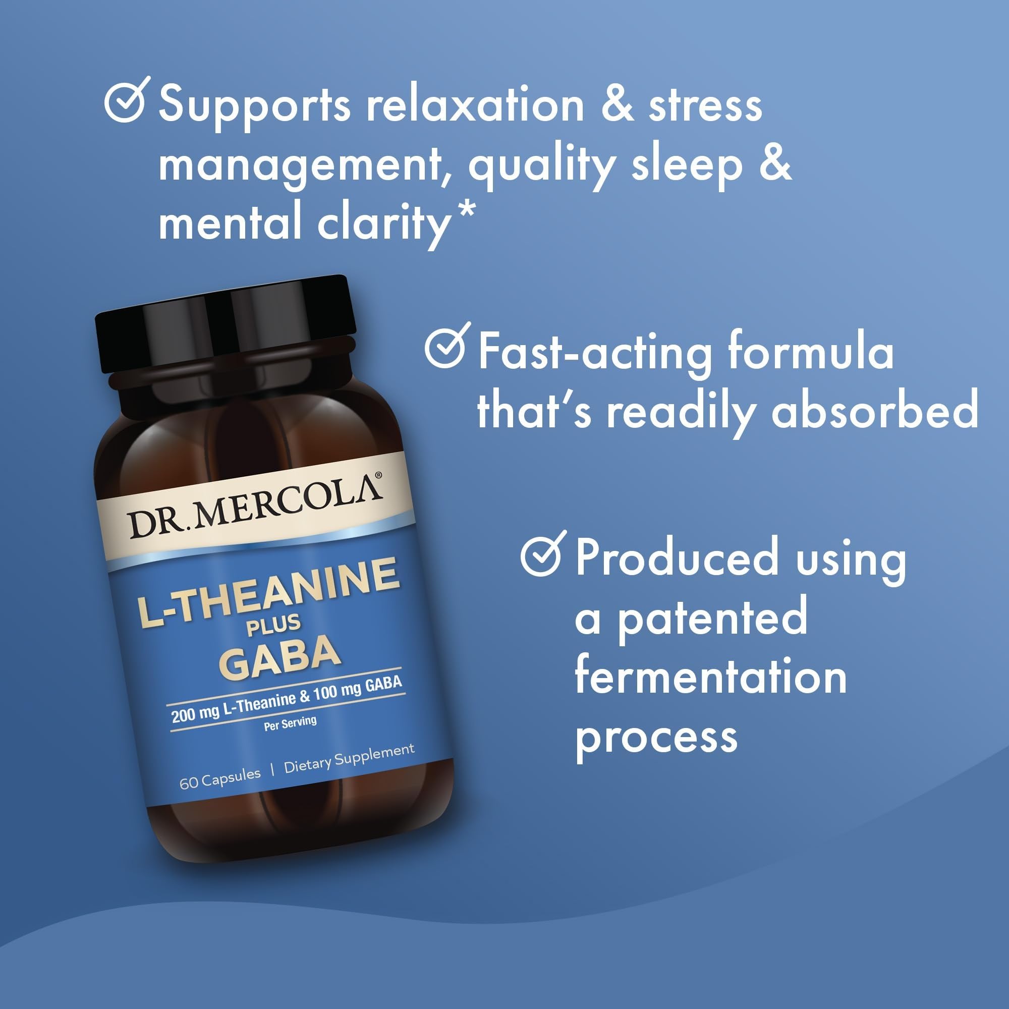 Dr Mercola L-Theanine Plus Capsules label closeup showing non-GMO and gluten-free claims