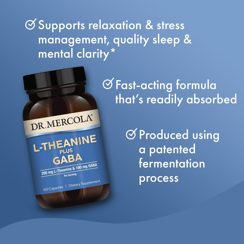 Dr Mercola L-Theanine Plus Capsules label closeup showing non-GMO and gluten-free claims