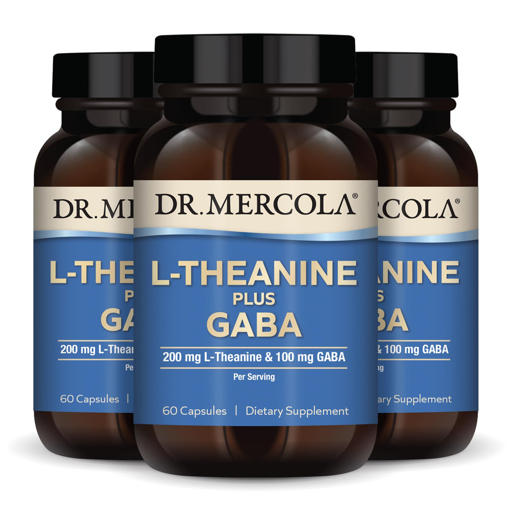 Dr Mercola L-Theanine Plus Capsules bottle with glass packaging concept suggesting renewable materials
