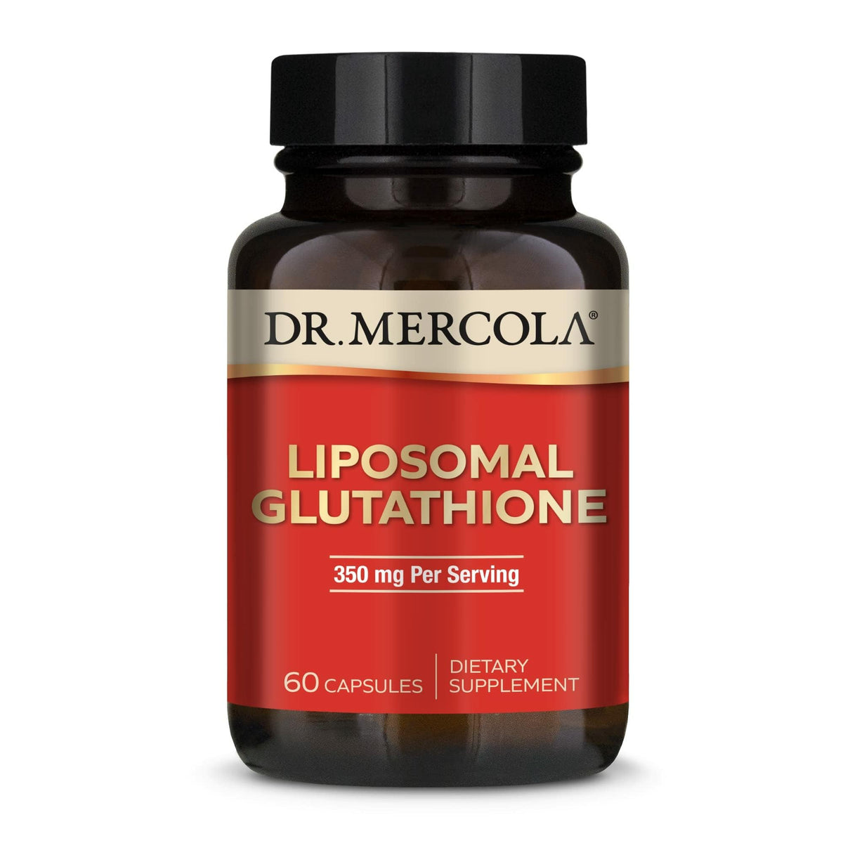 Dr. Mercola Liposomal Glutathione bottle front with 350 mg per serving for potential antioxidant support.