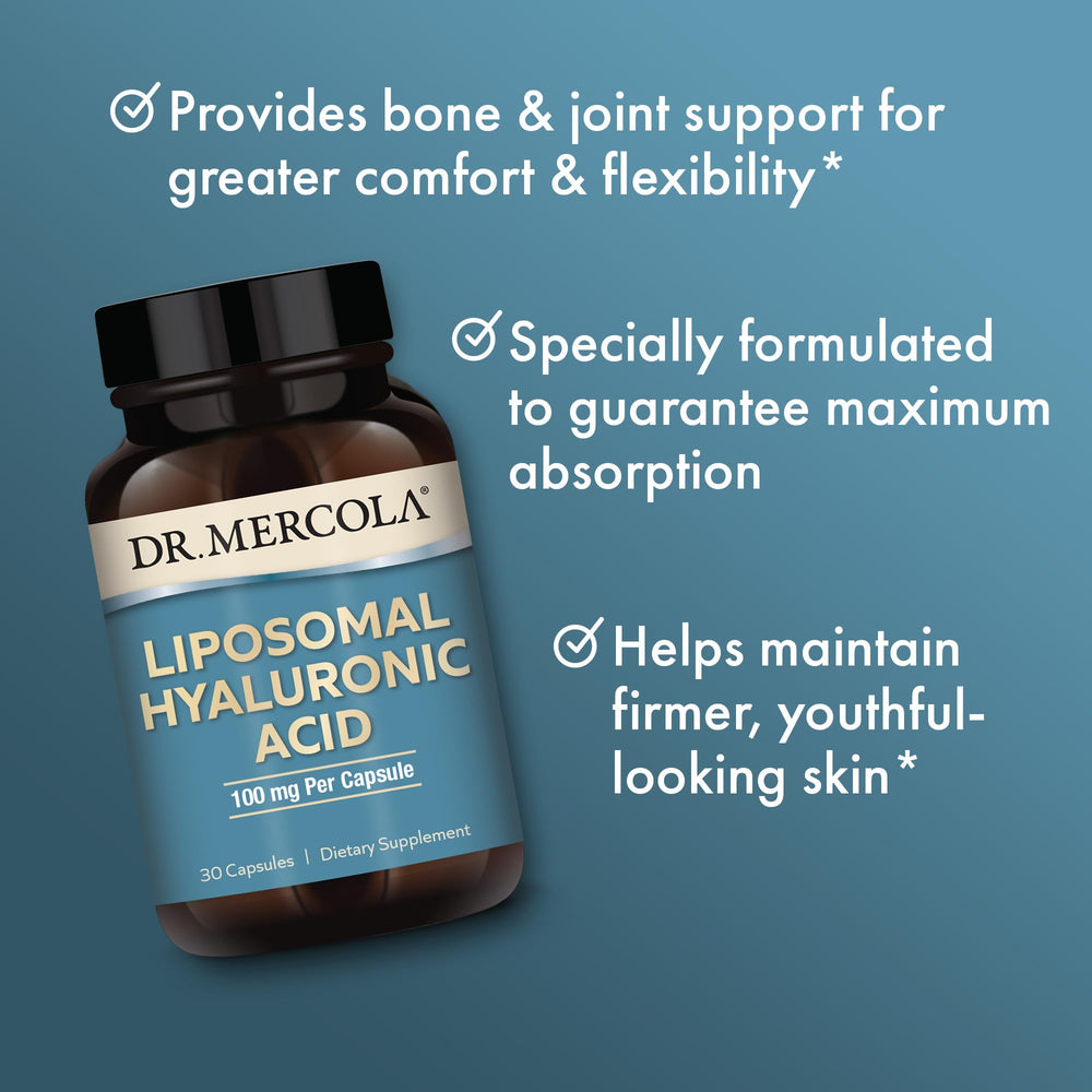 Pouring image of Dr. Mercola Liposomal Hyaluronic Acid capsules for daily use