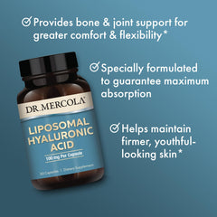 Pouring image of Dr. Mercola Liposomal Hyaluronic Acid capsules for daily use