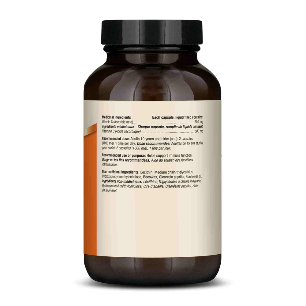 Dr. Mercola Liposomal Vitamin C bottle back details 1,000 mg per serving.